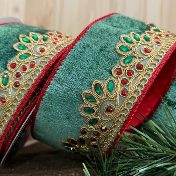 Green Scrolled Jewel Velvet Ribbon Christmas Trim Trimming Craft Supplies - Picture 1 of 7